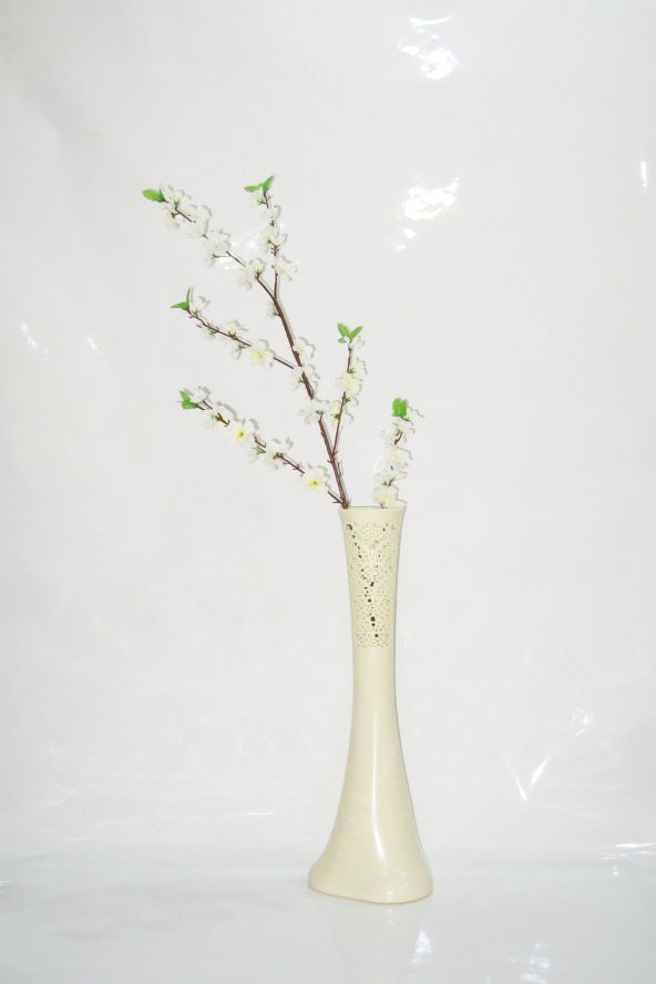60 cm Krem Rengi İşlemeli Vazo Beyaz Bahar Dalı