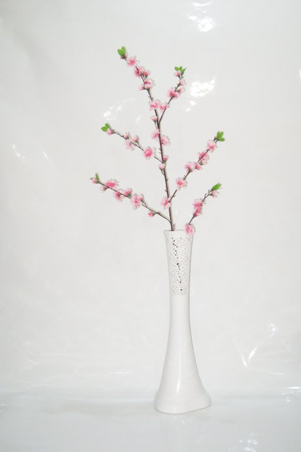 60 cm Beyaz İşlemeli Vazo Pembe Bahar Dalı