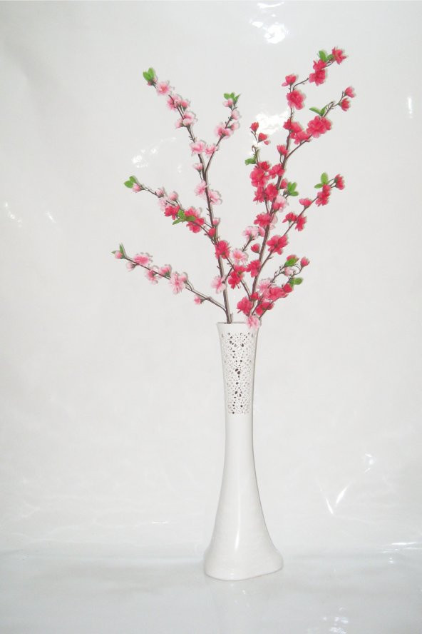 60 cm Beyaz İşlemeli Vazo Fuşya ve Pembe Bahar Dalı