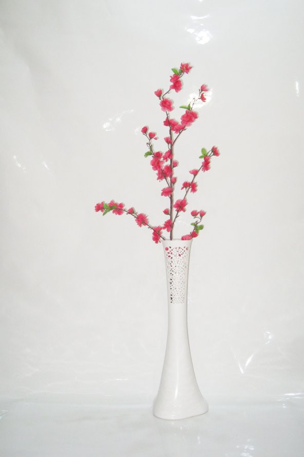 60 cm Beyaz İşlemeli Vazo Fuşya Bahar Dalı