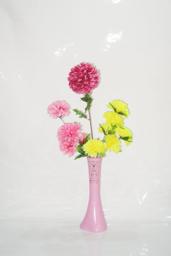 Uzun 1 Mor Ortanca 5 Sarı Çiçek 5 Mor Çiçek 40 cm Pembe İşlemeli Vazo