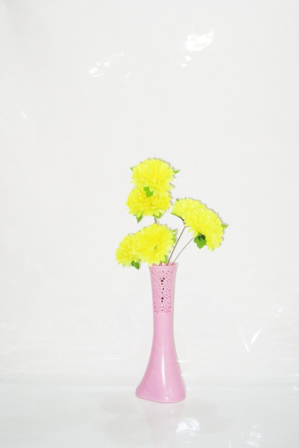 Uzun 4 Başlı Sarı Çiçek 40 cm Pembe İşlemeli Derin Desenli Vazo