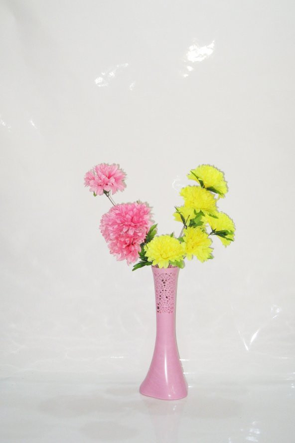 Uzun 5 Sarı 5 Pembe Çiçek 40 cm Pembe İşlemeli Delikli Desenli Derin Vazo