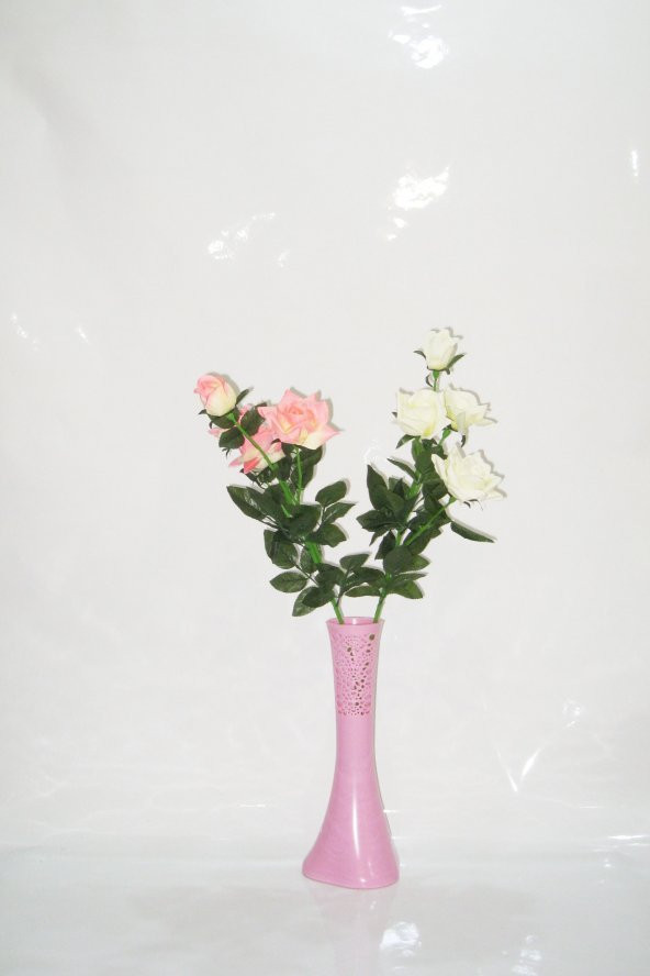 Uzun 4 Pembe 4 Beyaz Gül Çiçek 40 cm Pembe İşlemeli Vazo