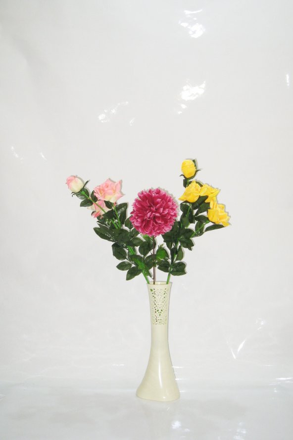 Uzun 4 Sarı 4 Pembe Çiçek 1 Mor Ortanca 40 cm Krem Rengi İşlemeli Vazo
