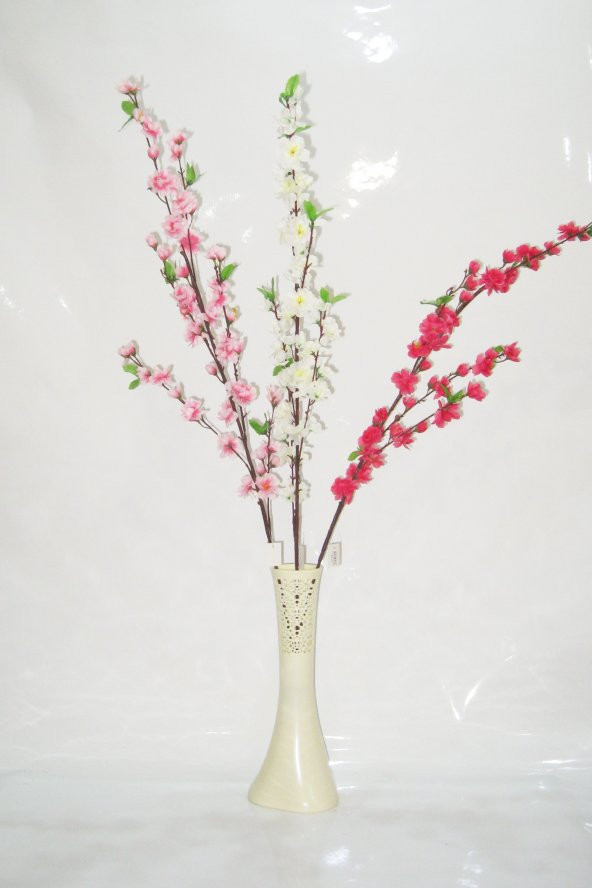Uzun 40 cm Krem Rengi Desenli Vazo ve Kırmızı Beyaz Pembe Sakura Bahar Dalları
