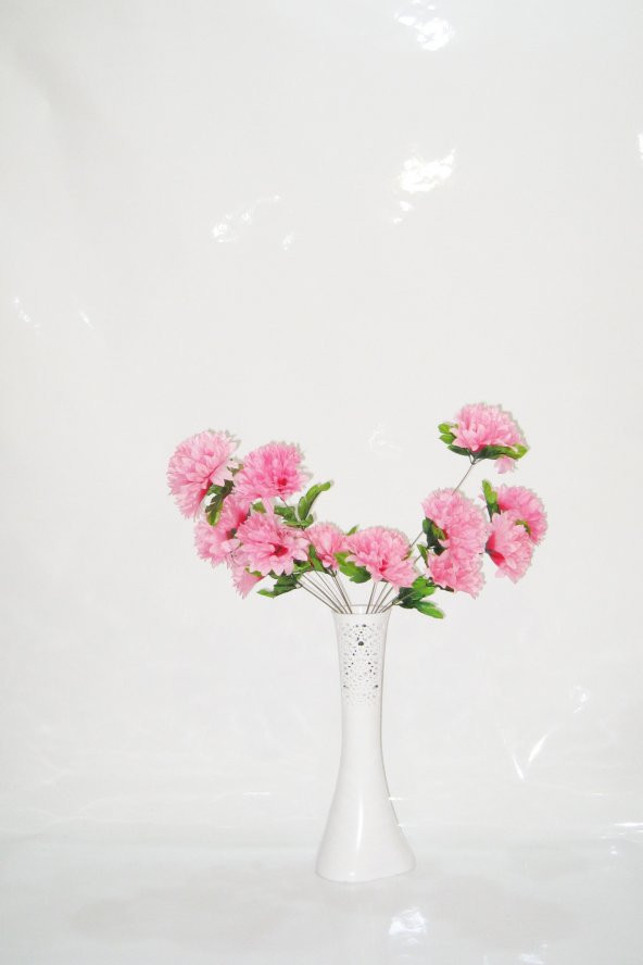 Uzun 40 cm Beyaz Delikli Vazo 10 Parça Pembe Çiçekler