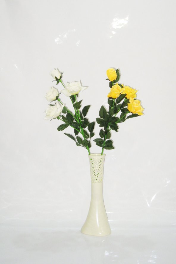 Uzun 40 cm Krem Rengi İşlemeli Geniş Taban Vazo 4 Beyaz 4 Sarı Gül