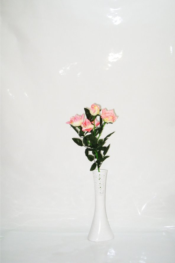 Uzun 40 cm Beyaz Delikli Vazo Pembe 5 li Gül
