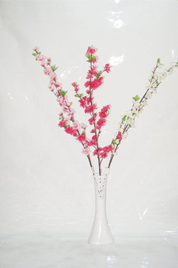Uzun 40 cm Delikli Beyaz Vazo 3 Renkli Pembe Kırmızı Beyaz Bahar Dalları
