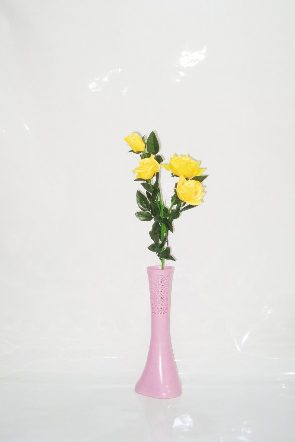 Uzun 4 Sarı Gül Çiçek 40 cm Pembe İşlemeli Derin Desenli Vazo