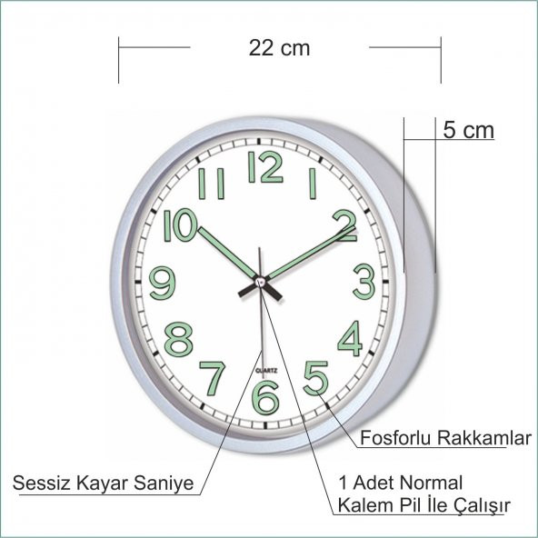 Beyaz Zemin Beyaz Kasa Fosforlu 22 cm Sessiz Çalışan Duvar Saati