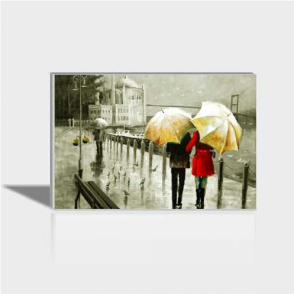 60x90cm Yağlı Boya Ortaköy de Yağmurda Şemsiyeli Çift Büyük Tablo
