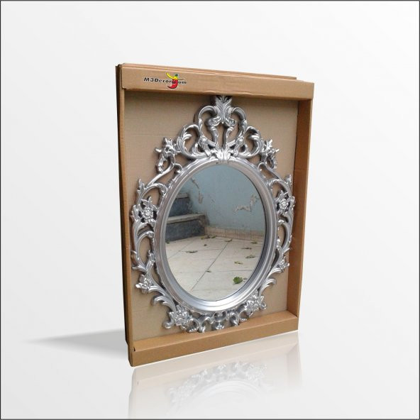 Büyük Gümüş Renk 50x70cm Rustik İşlemeli Oymalı Cam Antik Duvar Boy Aynası