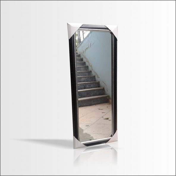 Uzun 40x100 cm Siyah Çerçeveli Gümüş Yaldız Varaklı Cam Boy Aynası
