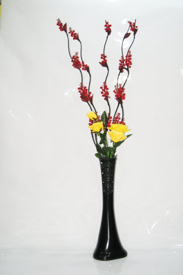 60 cm Uzun Siyah Desenli Vazo 5 Adet Kırmızı Üzüm Çiçek Sarı Gül
