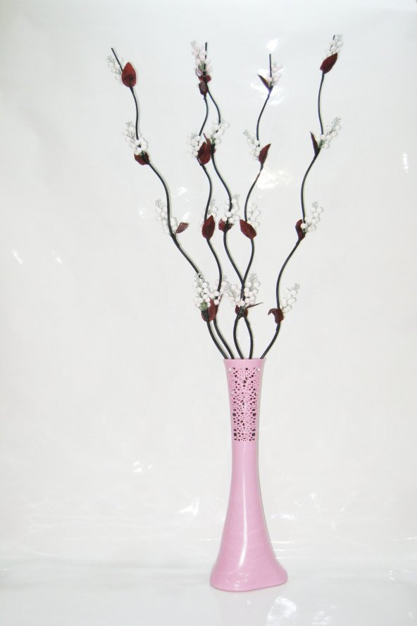 60 cm Uzun Pembe Desenli Vazo 5 Adet Beyaz Üzüm Çiçek