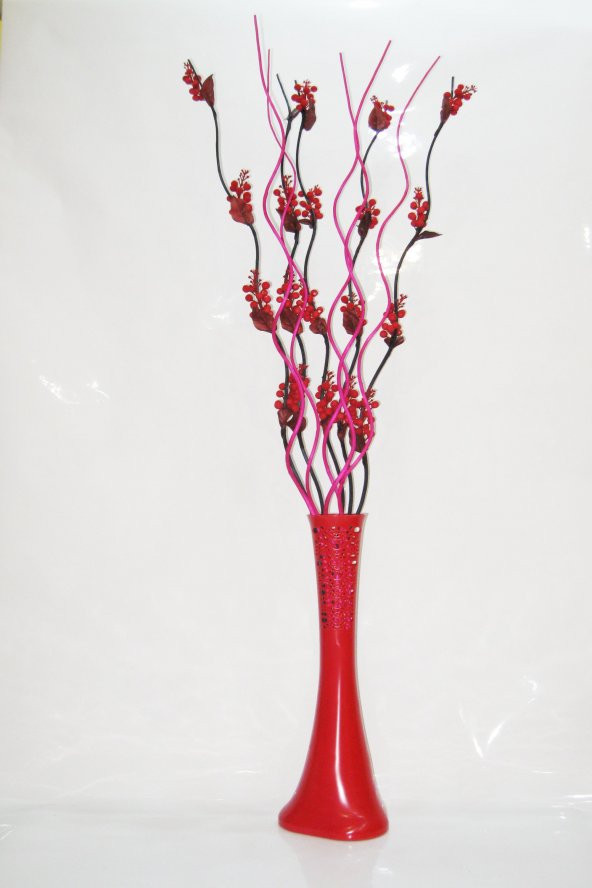 5 Kırmızı Üzüm 5 Fuşya Uzun Dallı 60 cm Kırmızı Desenli Vazo