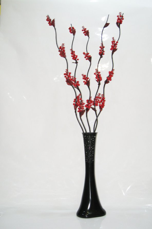 60 cm Siyah Desenli Vazo 5 adet Kırmızı Üzüm Çiçekler
