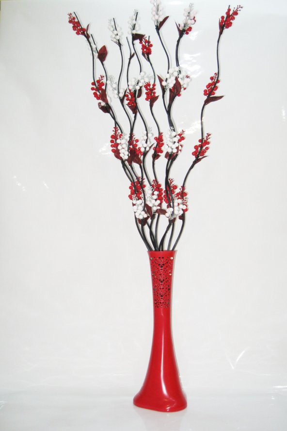 60 cm Kırmızı Desenli Vazo 5 Kırmızı 5 Beyaz Üzüm Çiçek