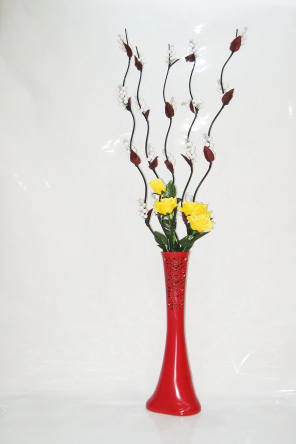 60 cm Desenli Kırmızı Vazo 5 adet Beyaz Üzüm Ve Sarı Gül