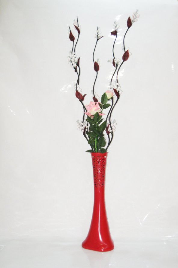 60 cm Desenli Kırmızı Vazo 5 adet Beyaz Üzüm Ve Pembe Gül