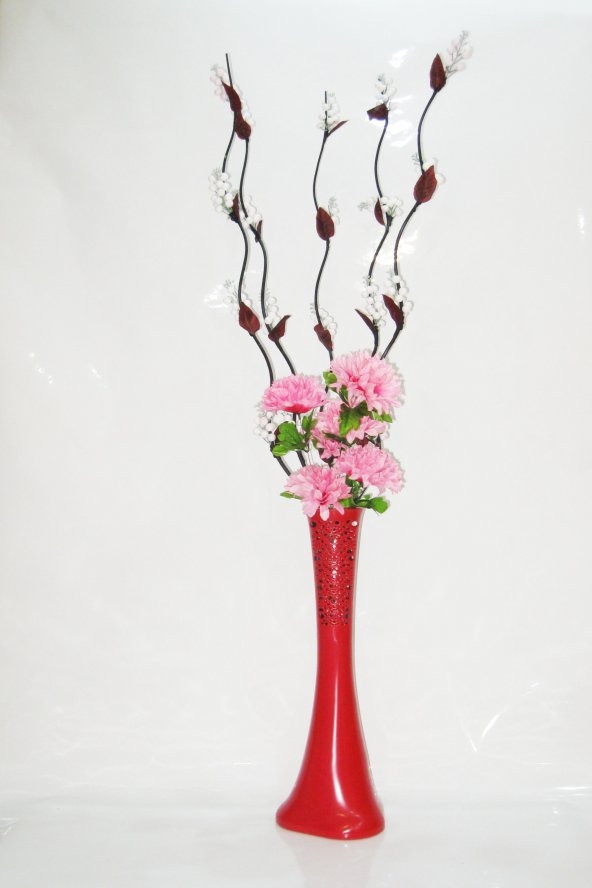 60 cm Kırmızı Desenli Vazo 5 adet Beyaz Üzüm ve Pembe Çiçekler