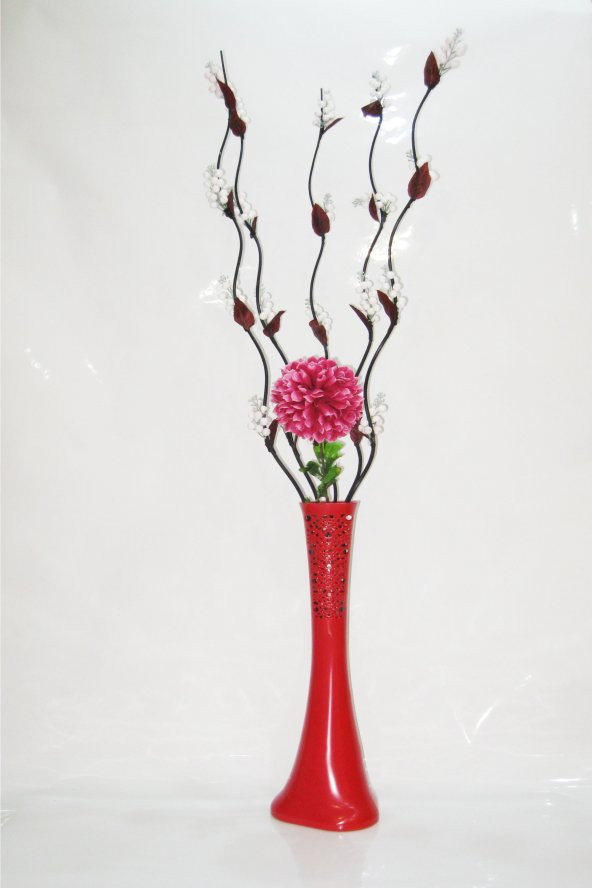 60 cm Desenli Kırmızı Vazo 5 adet Üzüm Çiçekler Ve Ortanca