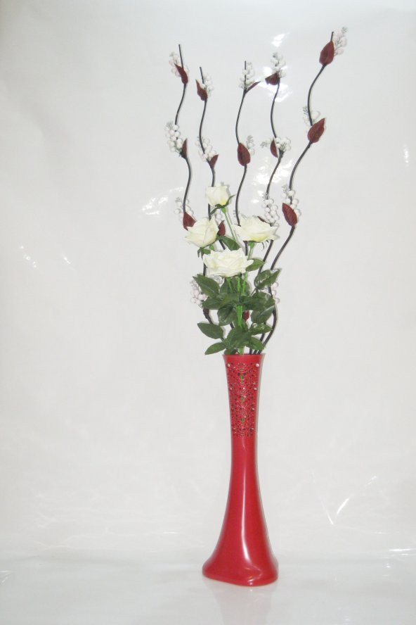 60 cm Desenli Kırmızı Vazo 5 adet Beyaz Üzüm Çiçek Beyaz Gül