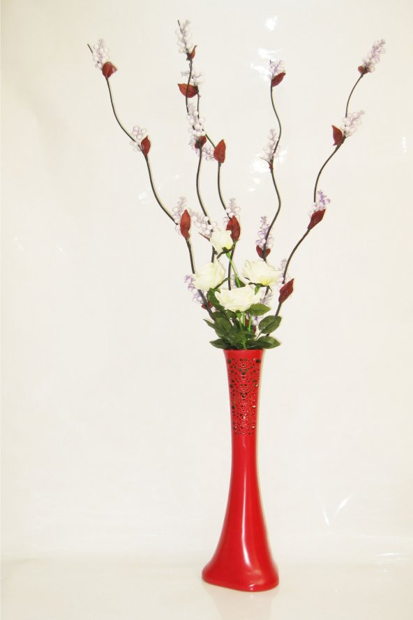 60 cm Desenli Kırmızı Vazo 5 Adet Mor Üzüm Beyaz Gül ürün görseli 1