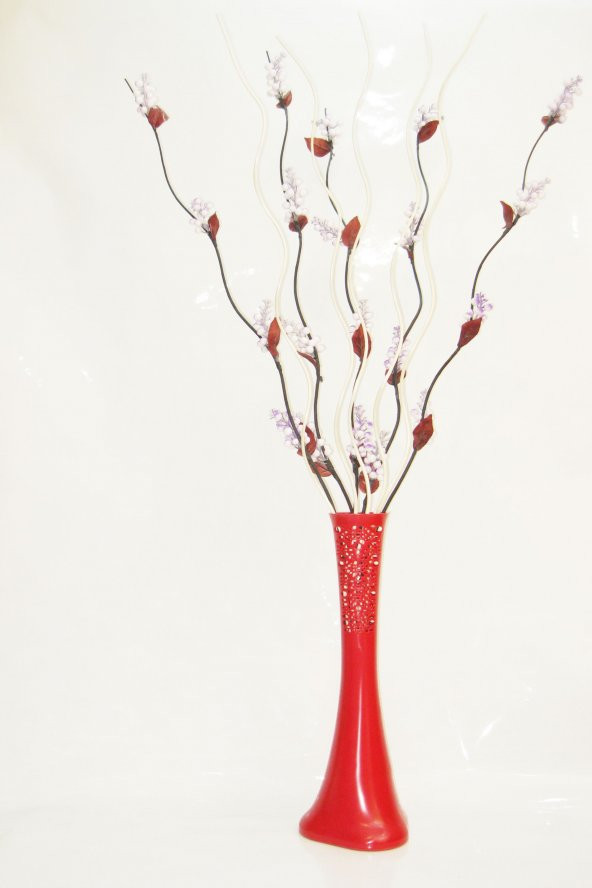 60 cm Desenli Kırmızı Vazo 5 Adet Mor Üzüm 5 Adet Krem Dal