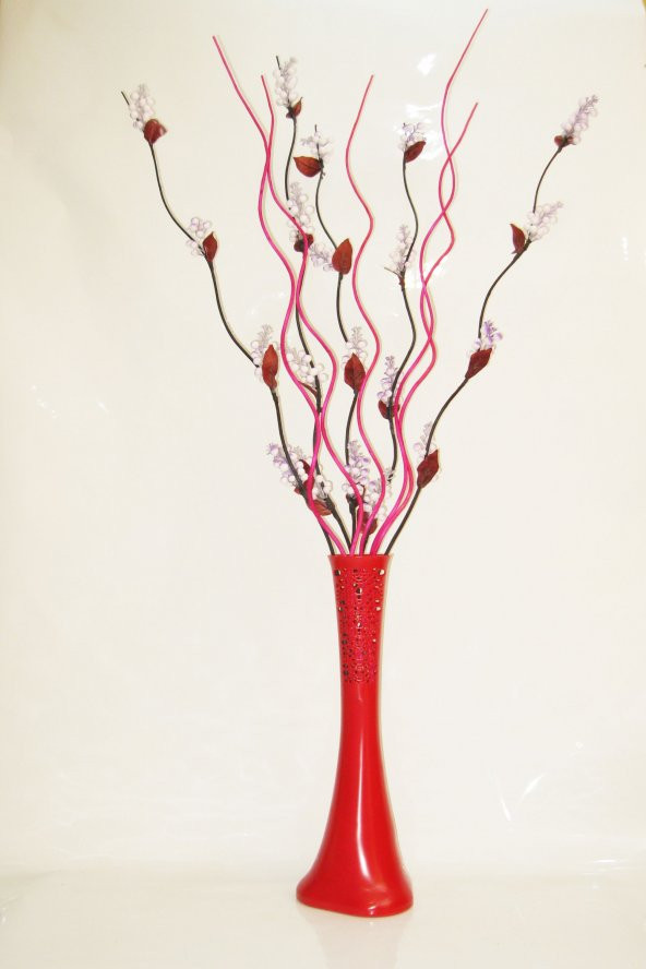 60 cm Desenli Kırmızı Vazo 5 Adet Mor Üzüm 5 Adet Fuşya Dal