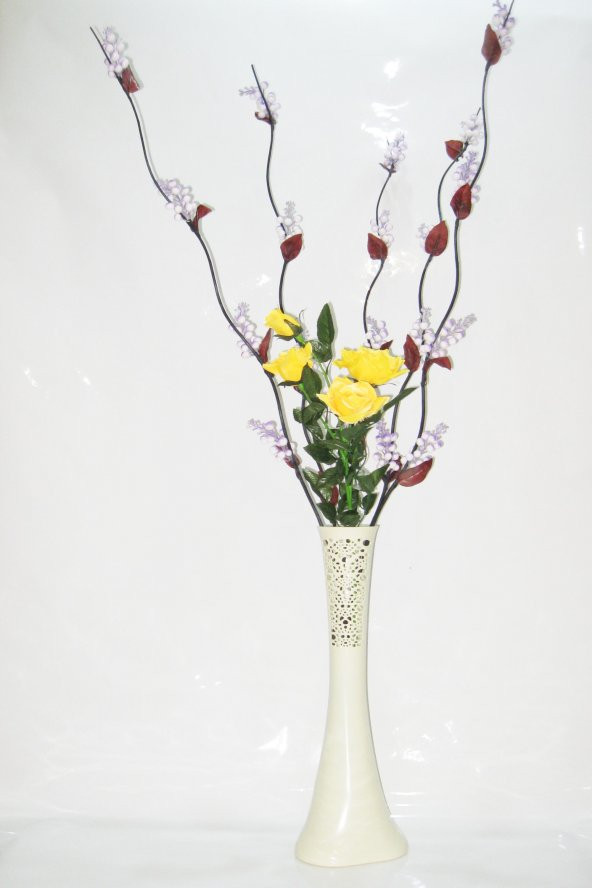 60 cm Desenli Krem Rengi Vazo 5 adet Mor Üzüm Sarı Gül