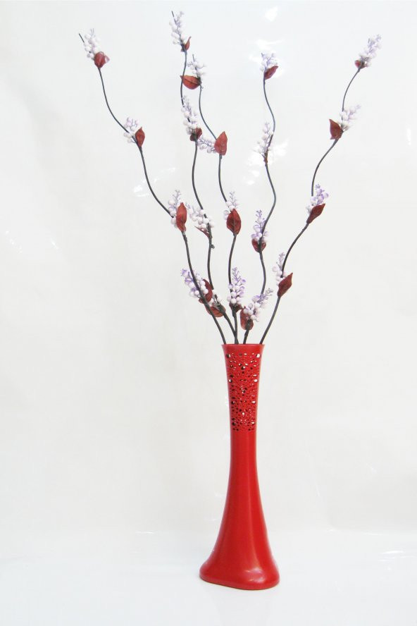 60 cm Desenli Kırmızı Vazo 5 adet Mor Üzüm Çiçek
