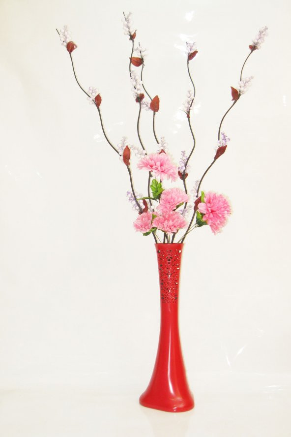60 cm Desenli Kırmızı Vazo 5 adet Mor Üzüm Pembe Çiçek