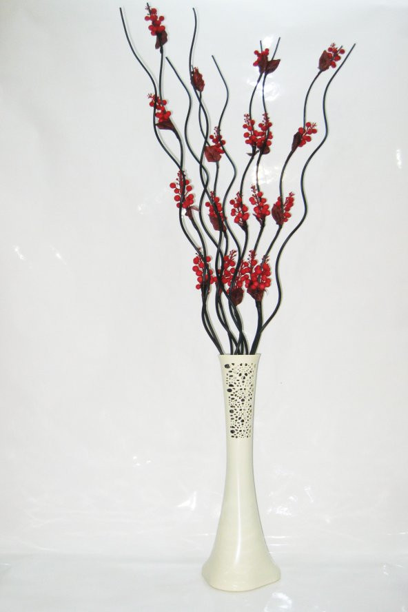 60 cm Desenli Krem Vazo 5 Adet Kırmızı Üzüm Çiçek 5adet Siyah Dal