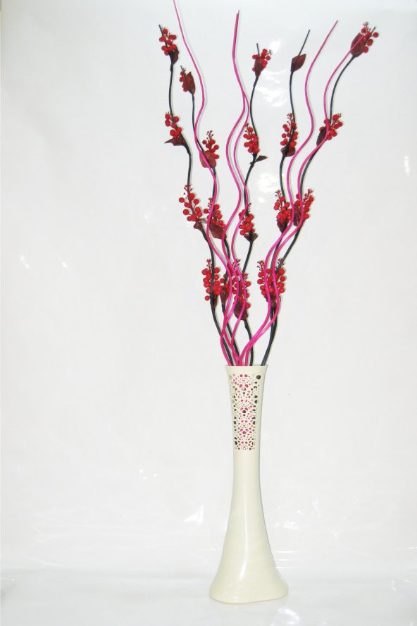 60 cm Desenli Krem Vazo 5 Adet Kırmızı Üzüm Çiçek 5adet Fuşya Dal
