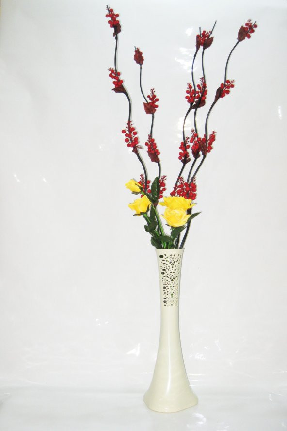 60 cm Desenli Krem Vazo 5 Adet Kırmızı Üzüm Çiçek Sarı Gül