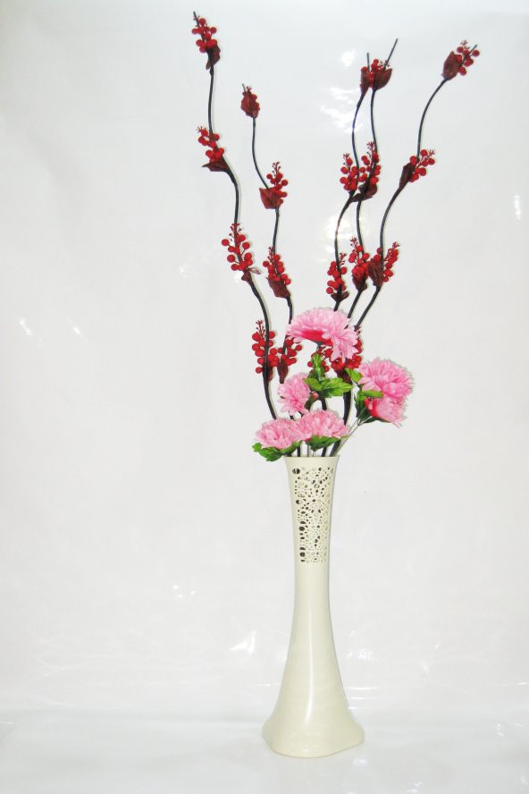 60 cm Desenli Krem Vazo 5 Adet Kırmızı Üzüm Çiçek Pembe Çiçek