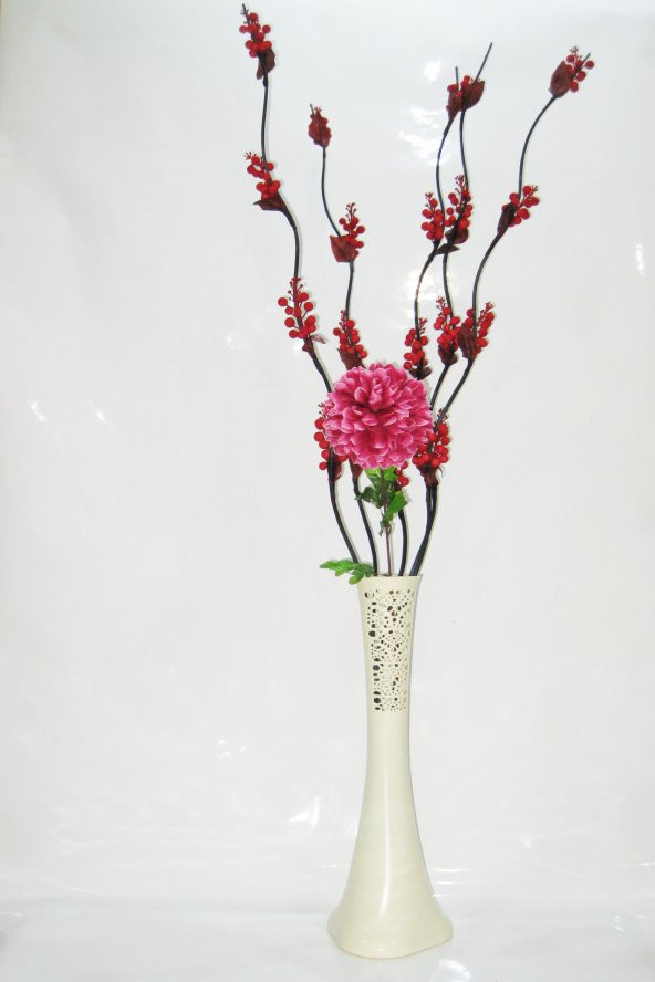 60 cm Desenli Krem Vazo 5 Adet Kırmızı Üzüm Çiçek Mor Ortanca