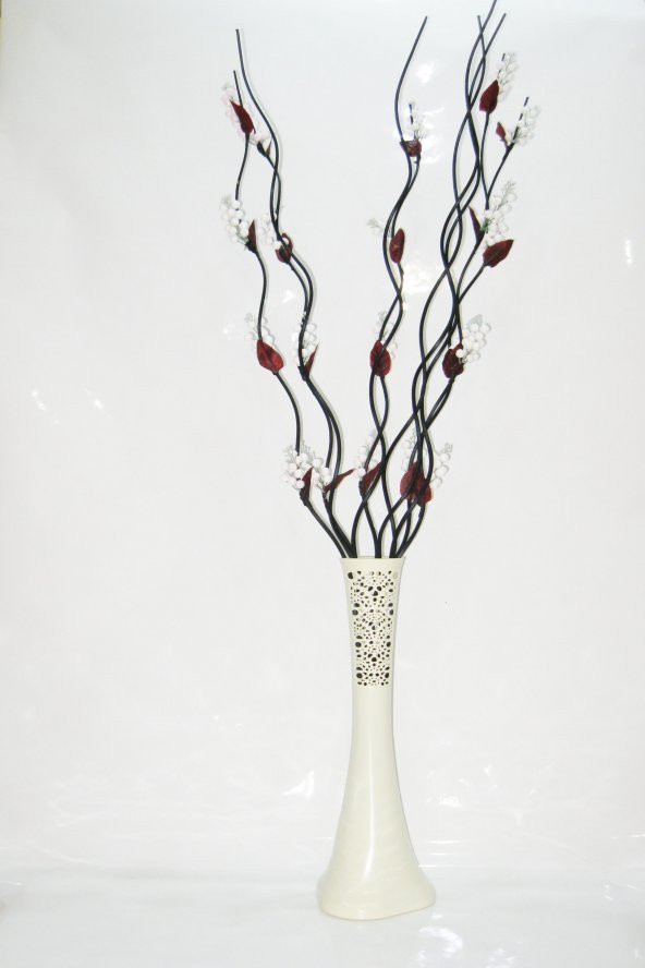 60 cm Desenli Krem Vazo 5 Adet Beyaz Üzüm Çiçek 5 Adet Siyah Dal