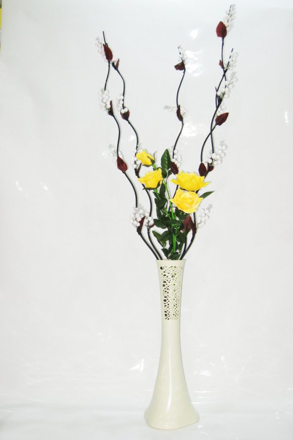 60 cm Desenli Krem Vazo 5 Adet Beyaz Üzüm Çiçek Sarı Çiçek