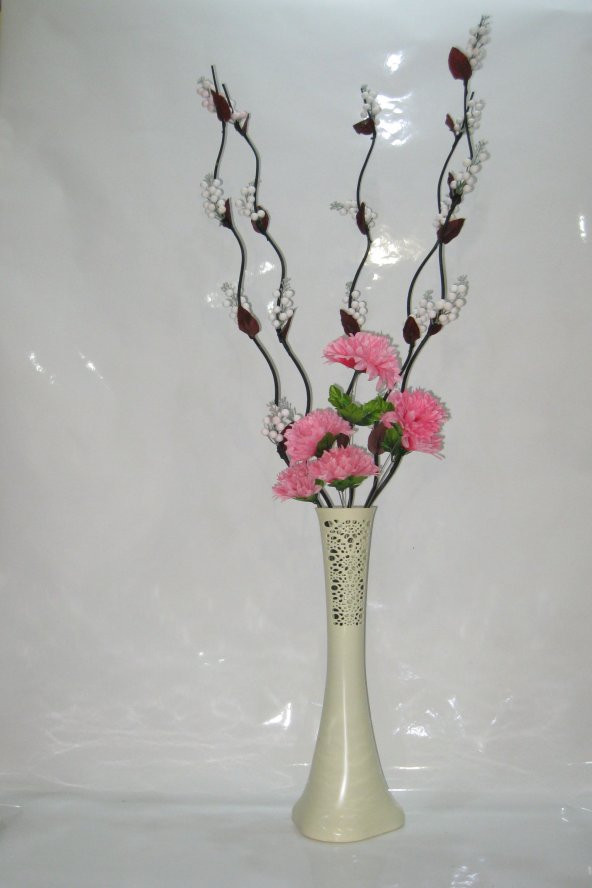 60 cm Desenli Krem Vazo 5 Adet Beyaz Üzüm Çiçek Pembe Çiçek