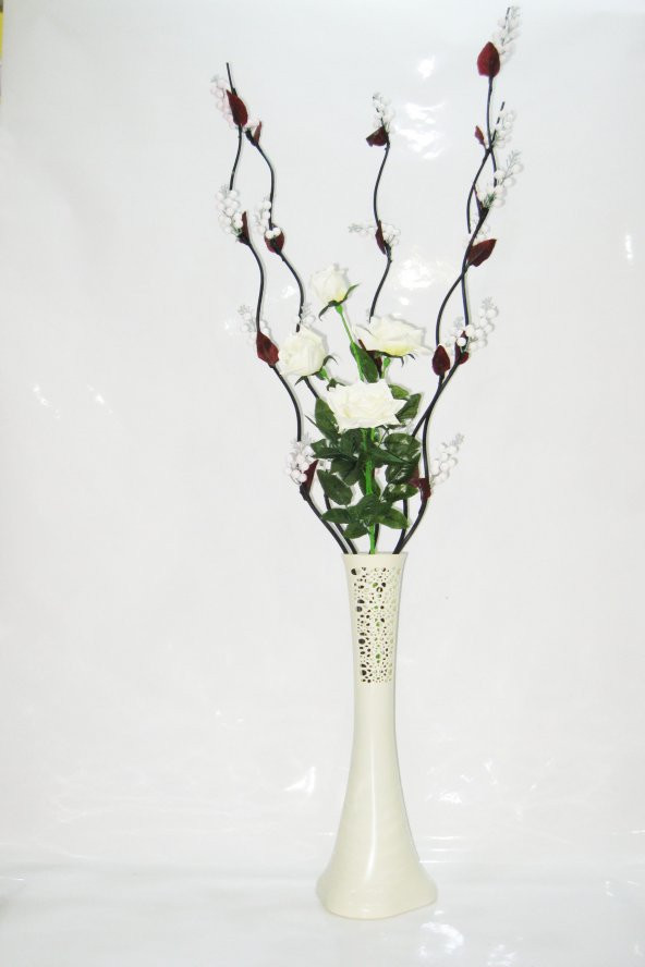 60 cm Desenli Krem Vazo 5 Adet Beyaz Üzüm Çiçek Beyaz Gül