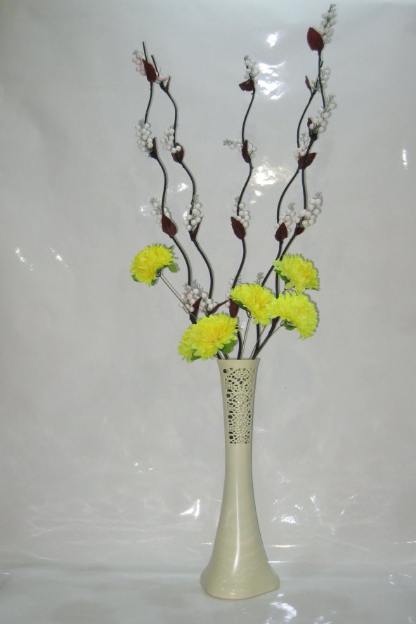 60 cm Desenli Krem Vazo 5 Adet Beyaz Üzüm Çiçek Sarı Çiçek