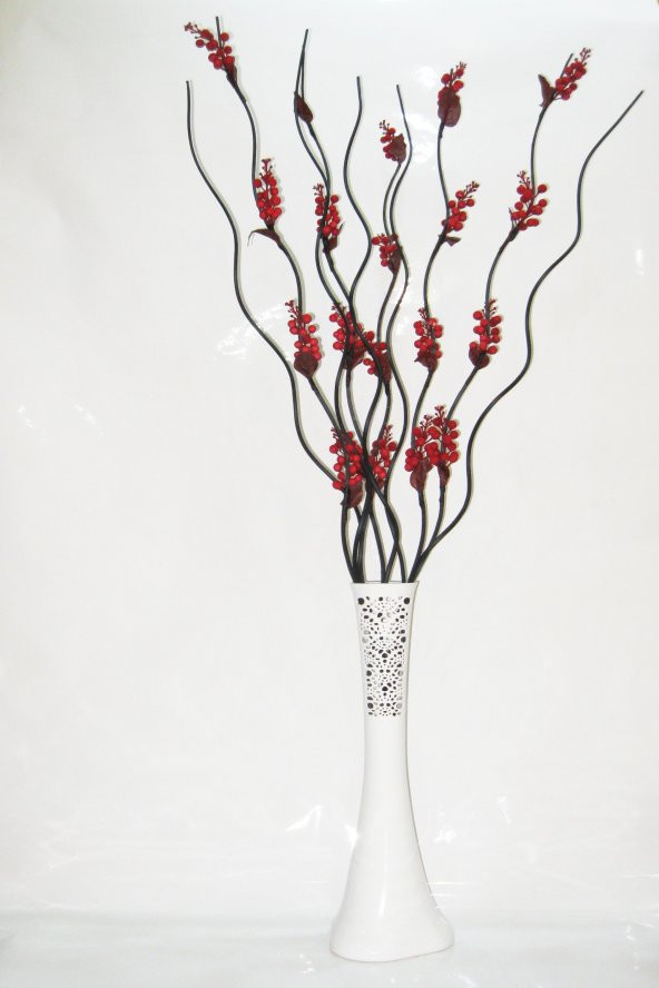 60 cm Beyaz Desenli Vazo 5 Adet Üzüm Çiçek 5 Adet Siyah Dal