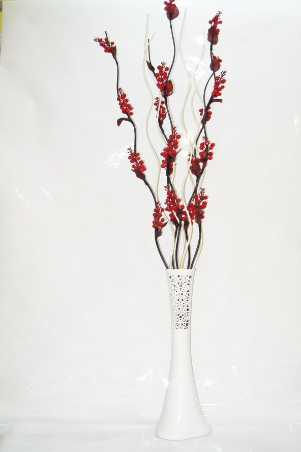 60 cm Beyaz Desenli Vazo 5 Adet Üzüm Çiçek 5 Adet Krem Dal