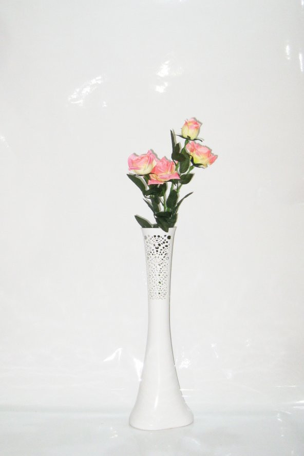 60 cm Desenli Beyaz Vazo Pembe Gül