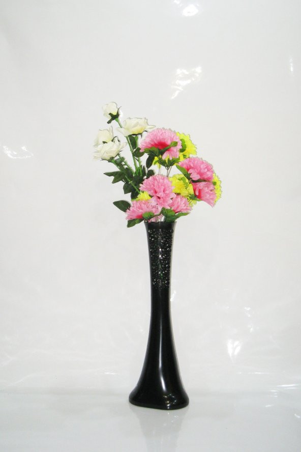 60 cm Desenli Siyah Vazo ve Çiçekler