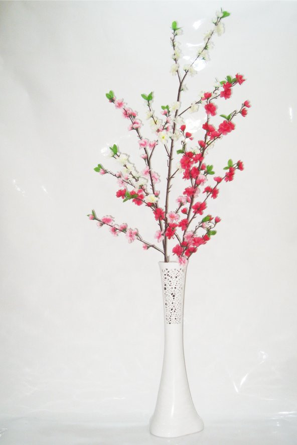 60 cm Beyaz İşlemeli Vazo Üç Renk Bahar Dalı